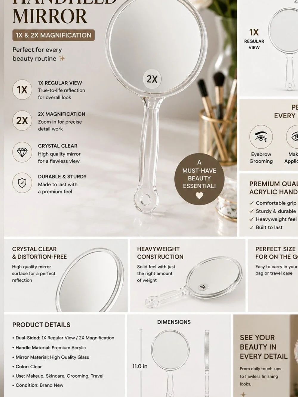 Dual-Sided Handheld Makeup Mirror 1X / 2X Magnification Clear Acrylic Handle